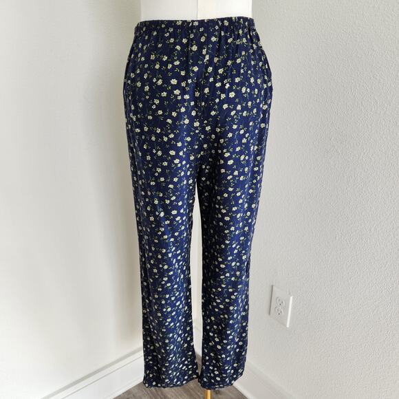 Vintage 90s Blue Floral Pants High Rise Straight Leg Elastic Grandmacore L/XL - Picture 8 of 11